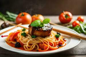 a plate of spaghetti with meat and tomatoes. AI-Generated photo