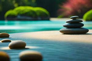 a stack of stones sitting on the sand near a pool. AI-Generated photo