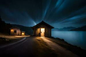 foto fondo de pantalla el cielo, noche, lago, casa, luz, el luna, el lago,. generado por ai