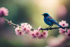 a blue bird is perched on a branch of a cherry blossom. AI-Generated photo