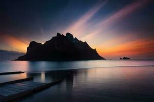 the sun rises over a mountain and a dock. AI-Generated photo