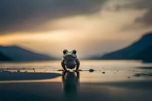 a frog standing on the shore of a lake at sunset. AI-Generated photo