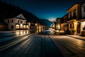 a street at night with lights on the buildings. AI-Generated photo