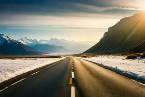 a road in the snow with mountains in the background. AI-Generated photo