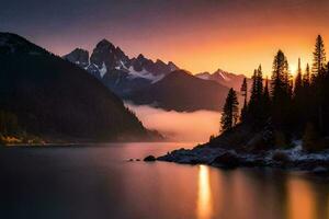 photo wallpaper the sky, mountains, lake, fog, trees, the sun, mountains, the. AI-Generated