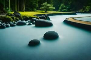 un río con rocas y arboles en el medio. generado por ai foto