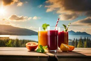 Tres lentes de jugo con Fruta y vegetales en un mesa. generado por ai foto