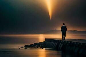 a man standing on a pier looking at the sun. AI-Generated photo