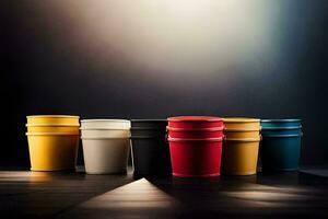 a row of colorful cups on a dark table. AI-Generated photo