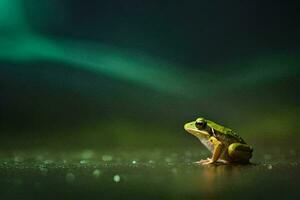 a frog sitting on the ground in the dark. AI-Generated photo