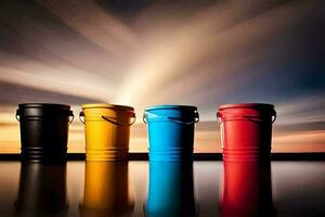 four colorful buckets are lined up against a dark background. AI-Generated photo