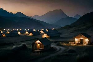 a group of tents in the mountains at night. AI-Generated photo