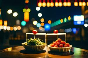 two bowls of food on a table in front of a city street. AI-Generated photo