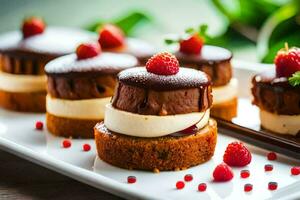 small cakes with chocolate and raspberries on a white plate. AI-Generated photo