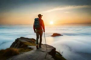 a man with backpack and trekking poles standing on the edge of a cliff overlooking the clouds. AI-Generated photo