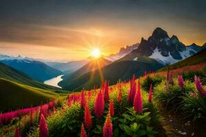 the sun rises over the mountains and flowers in the foreground. AI-Generated photo