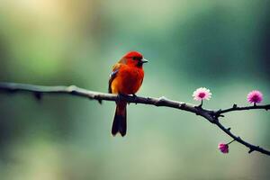 a red bird sits on a branch with pink flowers. AI-Generated photo