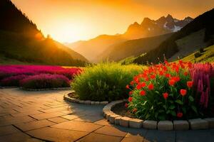 the sun rises over a field of flowers and mountains. AI-Generated photo