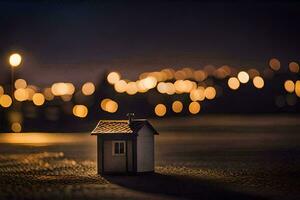 a small house sits in the middle of a dark street. AI-Generated photo