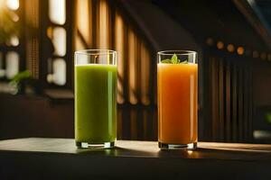 two glasses of juice on a table. AI-Generated photo