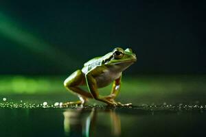 a frog is standing on a wet surface. AI-Generated photo