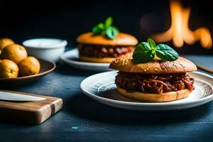 two buns with meat and potatoes on a table. AI-Generated photo