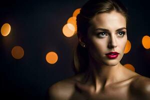 a woman with red lipstick and a bokeh background. AI-Generated photo