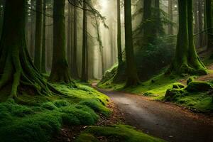 a path through a green forest with mossy trees. AI-Generated photo