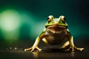 un rana es sentado en el suelo con un verde antecedentes. generado por ai foto