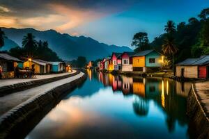 colorful houses line the waterway at sunset. AI-Generated photo