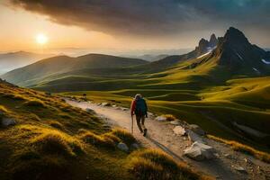 un hombre camina en un camino en el montañas. generado por ai foto