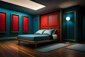 a bedroom with blue walls and red accents. AI-Generated photo