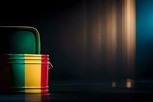 a colorful bucket with a lid on a dark surface. AI-Generated photo