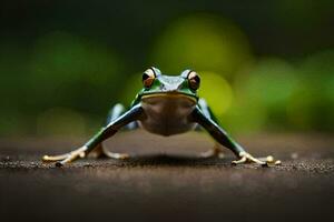 a frog is standing on the ground with its legs spread. AI-Generated photo