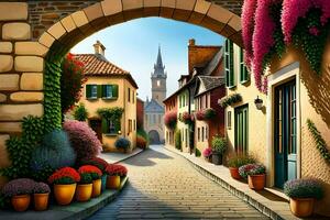 an illustration of a street with flowers and buildings. AI-Generated photo