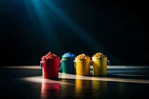 colorful buckets of paint on a dark table. AI-Generated photo
