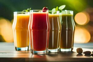 five different juices in glasses on a table. AI-Generated photo