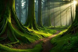 a path through a forest with trees and moss. AI-Generated photo