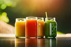 five different types of juices in glass jars. AI-Generated photo