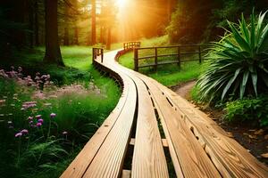wooden path in the forest at sunset. AI-Generated photo