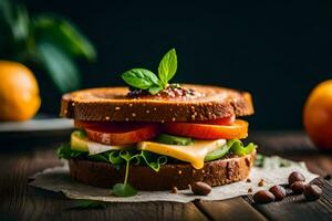 a sandwich with tomatoes, cheese and vegetables. AI-Generated photo