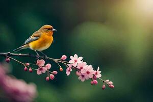 a small bird is sitting on a branch with pink flowers. AI-Generated photo