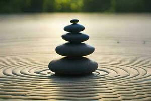 a stack of rocks sitting on top of a pond. AI-Generated photo