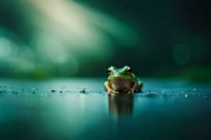 a frog sitting on the ground in the rain. AI-Generated photo