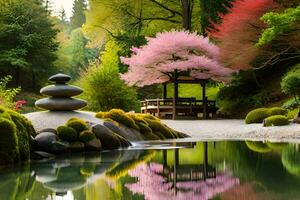 japanese garden with stone pagoda and cherry blossom tree. AI-Generated photo