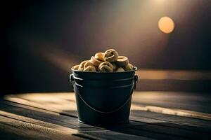 a bucket filled with nuts on a wooden table. AI-Generated photo
