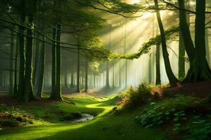 un bosque con luz de sol brillante mediante el arboles generado por ai foto
