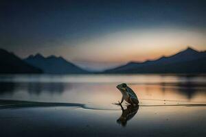 un rana en el apuntalar de un lago a puesta de sol. generado por ai foto