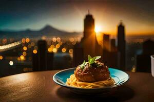 a plate of spaghetti and meatballs on a table in front of a cityscape. AI-Generated photo