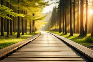 a wooden path in the middle of a forest. AI-Generated photo